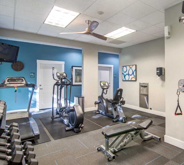 Cardio machines and exercise equipment in the onsite fitness center at Sofi at Forest Heights in Portland, Oregon
