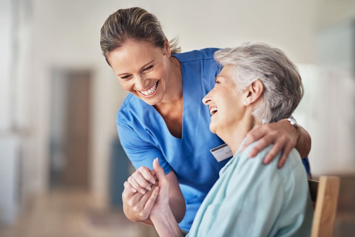 Resident and a nurse at Keystone Place at Richland Creek in O'Fallon, Illinois