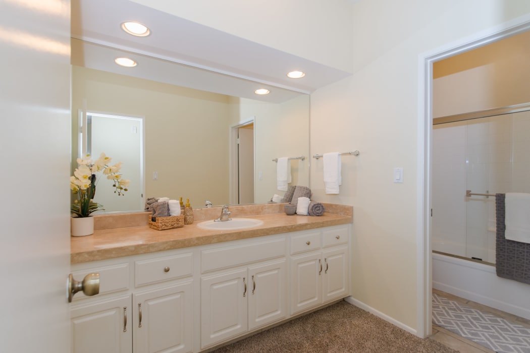 Spacious and elegant bathroom in model home at IMT Beverly Arnaz in Los Angeles, CA