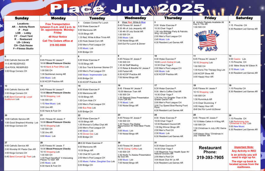 Independent Living Calendar calendar from The Keystones of Cedar Rapids in Cedar Rapids, Iowa 