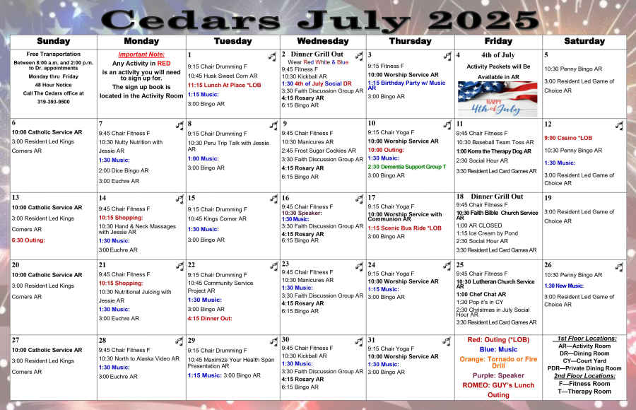 Assisted Living Calendar from The Keystones of Cedar Rapids in Cedar Rapids, Iowa 