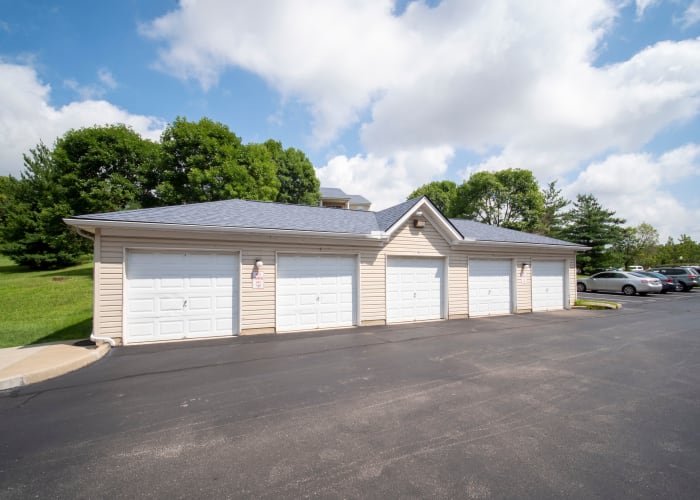 Exterior of garages available at Brookside Park Apartments in Florence, Kentucky