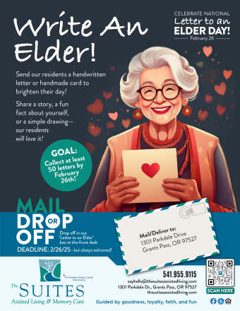 Write an elder at The Suites Assisted Living and Memory Care in Grants Pass, Oregon. 