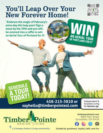 Monthly special flyer for Timber Pointe Senior Living in Springfield, Oregon