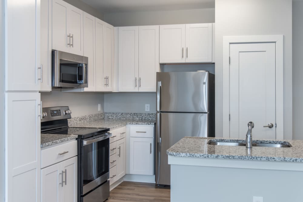 Kitchen with stainless-steel appliances and wood-style floor at Palmer's Creek, Fredericksburg, Virginia