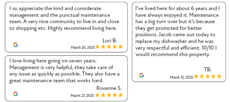 three examples of five star google reviews