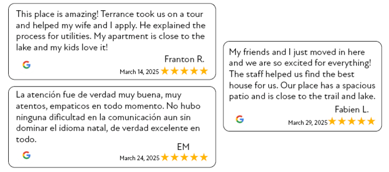 three examples of five star google reviews