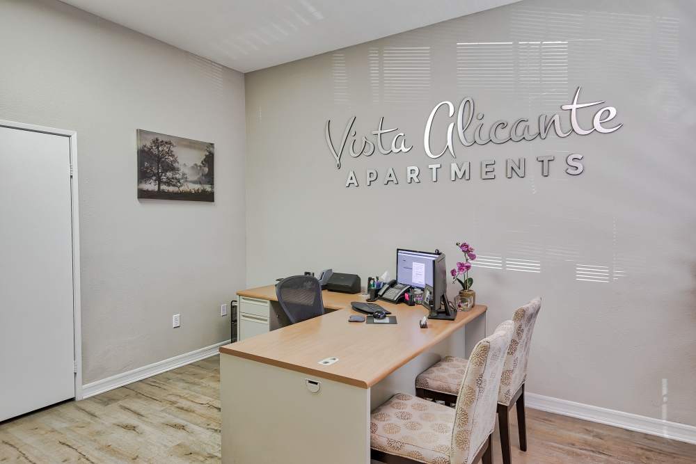 Leasing office interior at Vista Alicante in La Mirada, California