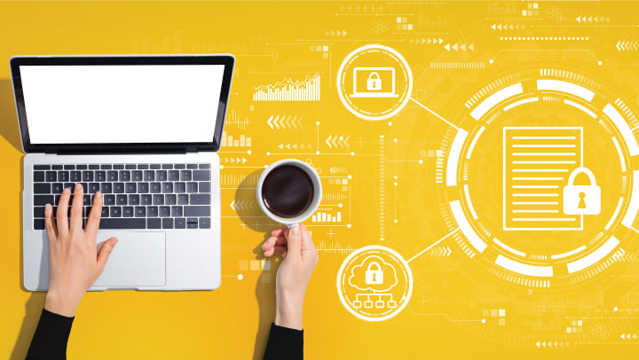 Yellow image with laptop and icons about technology security. Person arms and coffee mug.