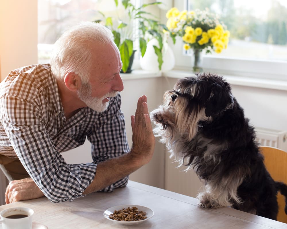 A resident and his dog in his pet-friendly apartment at Arbor View in Burlington, Wisconsin.