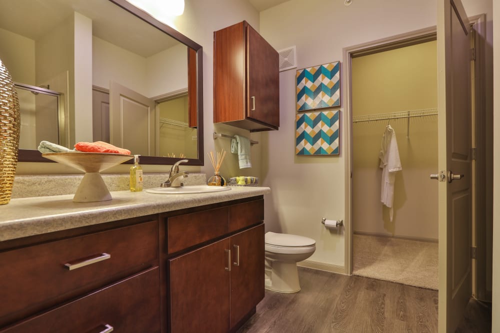 Contemporary bathroom layout at Olympus at Waterside Estates in Richmond, Texas