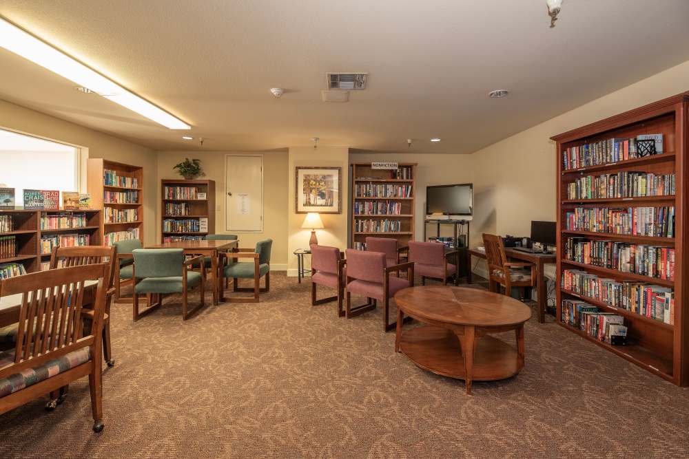 Community library at Hilltop Commons Senior Living in Grass Valley, California