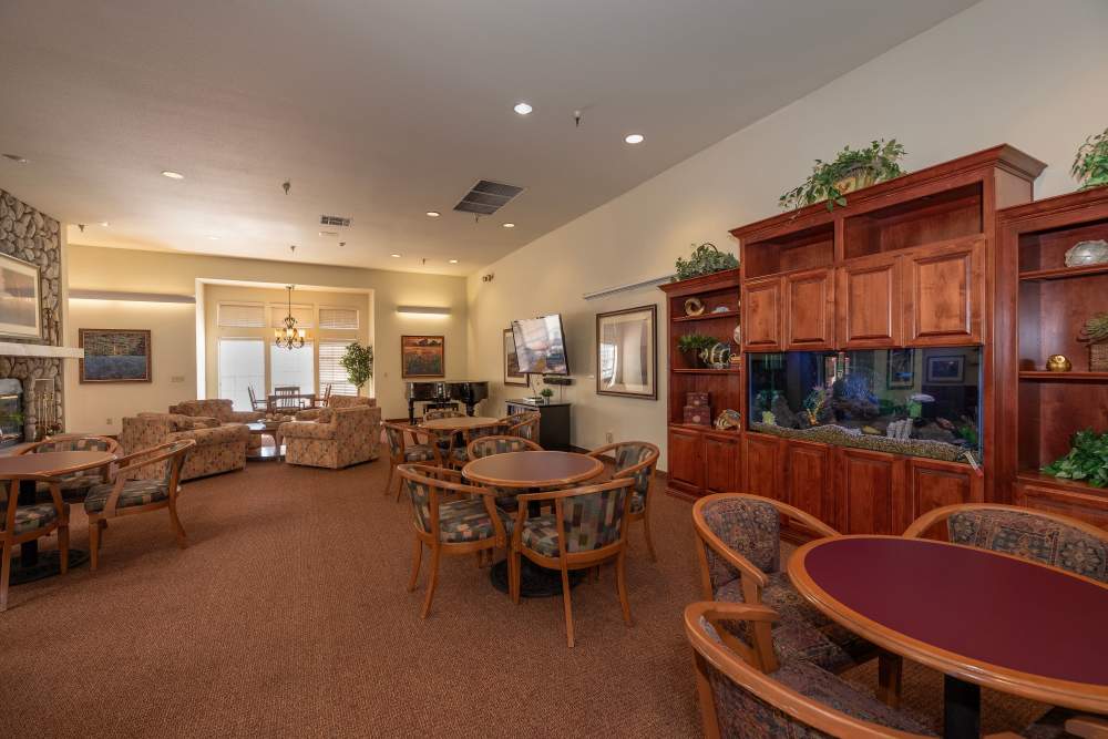 Common area for games and activities at Hilltop Commons Senior Living in Grass Valley, California