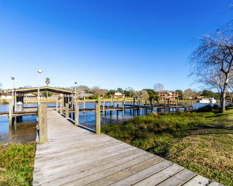 Private fishing pier and boat docks at Clear Lake Place in Houston, Texas