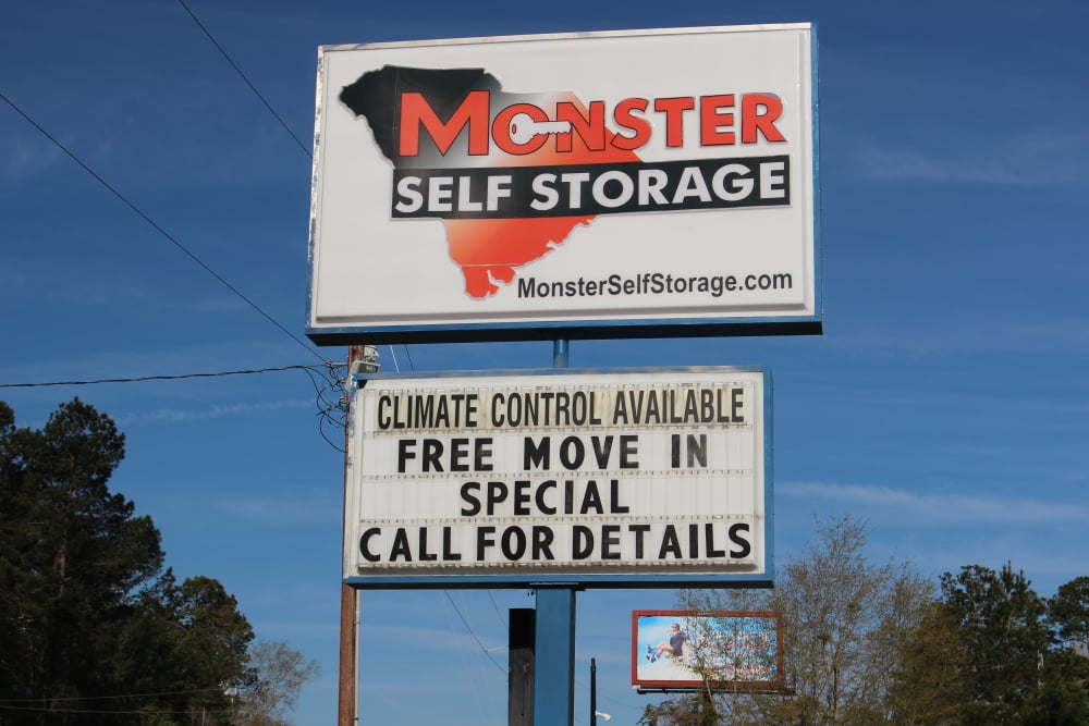 Front signage at Monster Self Storage in Walterboro, South Carolina