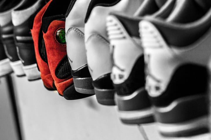 organized tennis shoes in a row