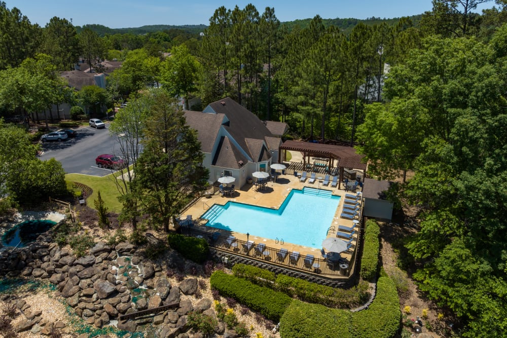 Aerial view of the community swimming pool at Renaissance at Galleria in Hoover, Alabama