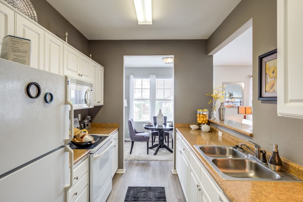 Open kitchen with a pass-through window at Alvadora Apartments in Lawrence, Kansas