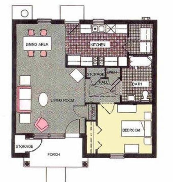 One bedroom floor plan at Wesley Scott Place, a Methodist Homes of Alabama & Northwest Florida community. 