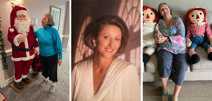 Three images of Carri Geczy including a portrait photo in the center