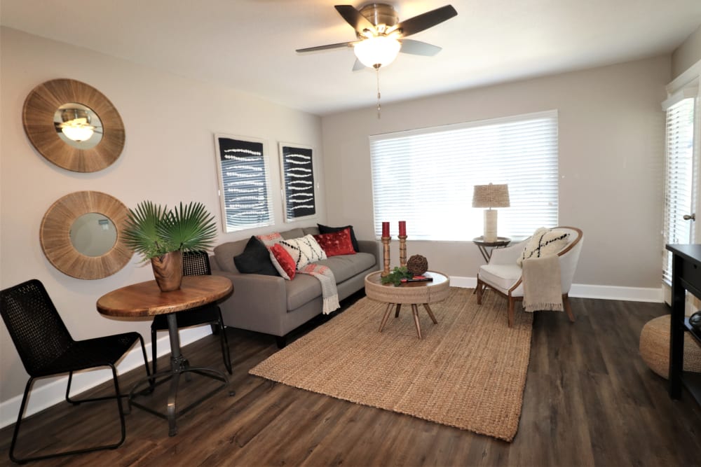 Model living room at Pinebrook Apartment Homes in Fremont, California