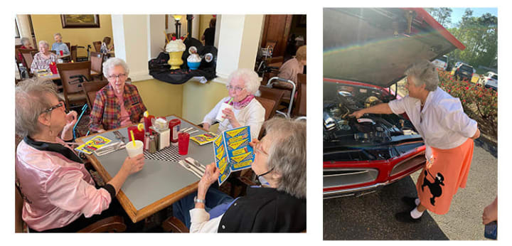 Mel's Diner two pictures 50s garb 4 ladies at a table and one lady looking under the hood of an antique car