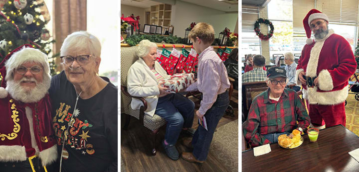 Images of Santa with residents and resident receiving gift from young male visitor