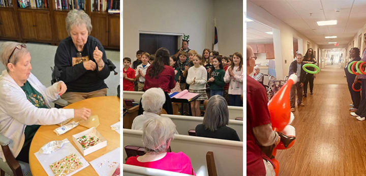Images of resident activities of gingerbread house making, kids choir singing and Christmas ring toss