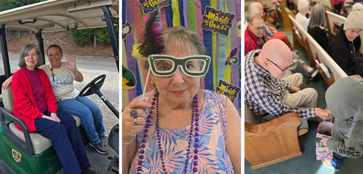 Three pictures of residents enjoying activities, one with a golf cart, one at Mardi Gras, and one receiving a gift from a child