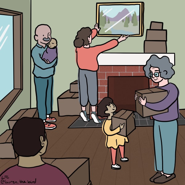 full size image of the cartoon family organizing and unpacking their living room together