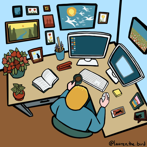 cartoon image of person working from a desk, an above view where you can see all their contents- two monitors, keyboard, photos, etc.