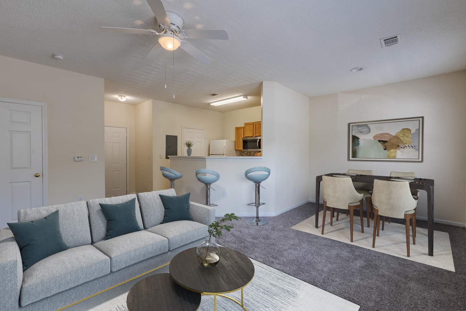 living room and dining area at The Waterway Apartment Homes in Lexington, SC