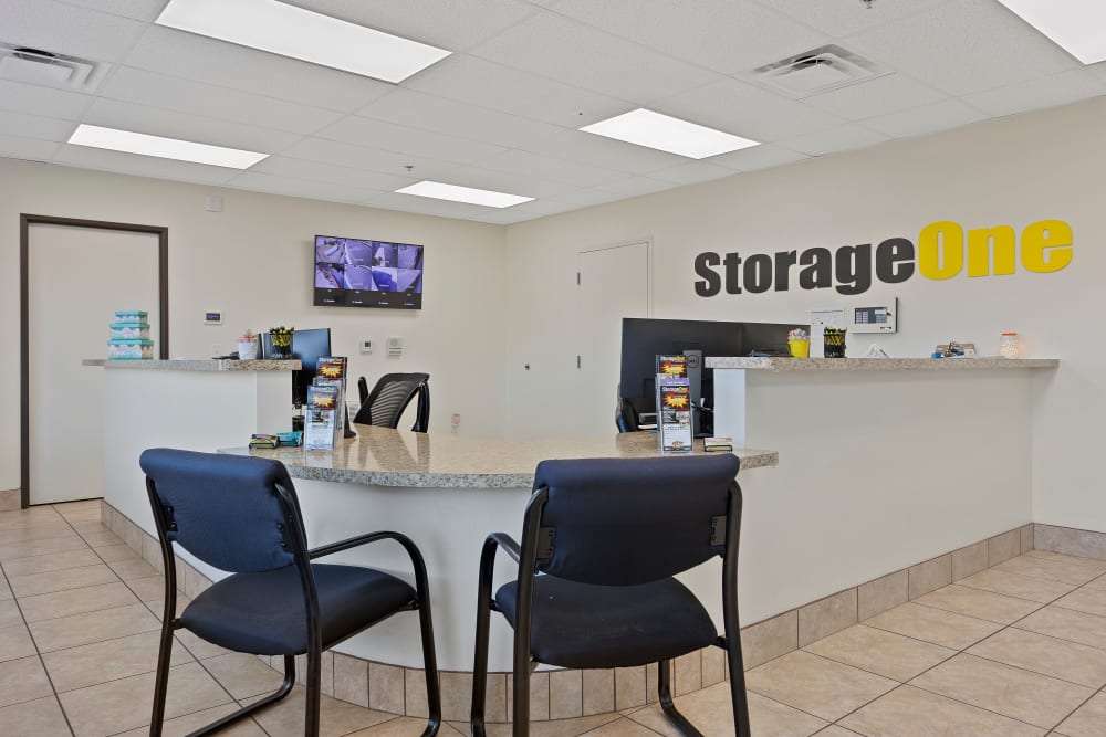 Seating at the leasing office desk at StorageOne Horizon & Sandy Ridge in Henderson, Nevada