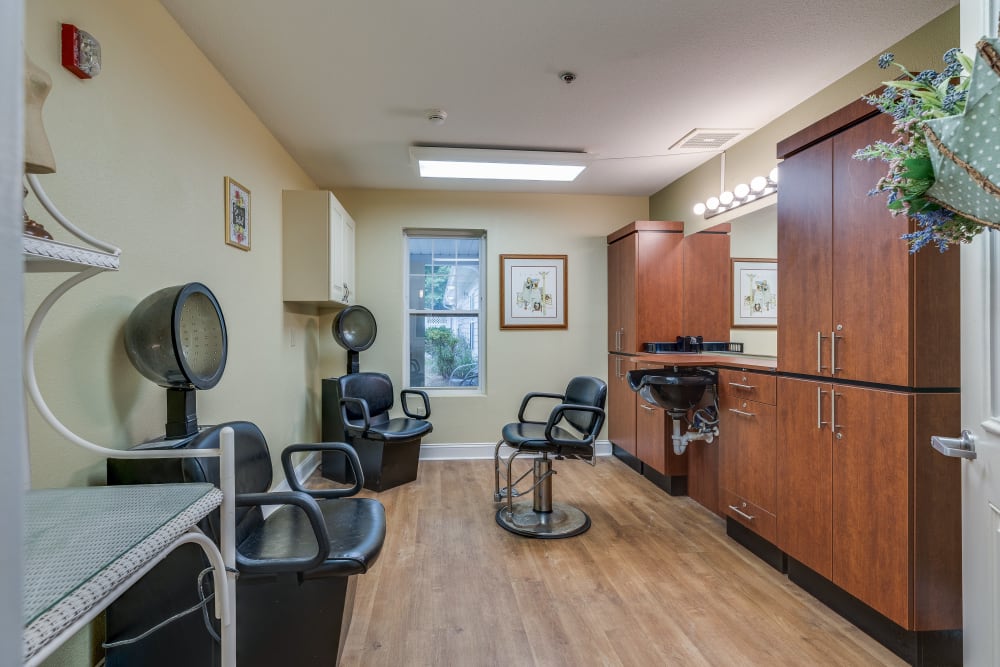 Interior of the on-site hair salon at Harbor Cove Memory Care in Hilton Head Island, South Carolina