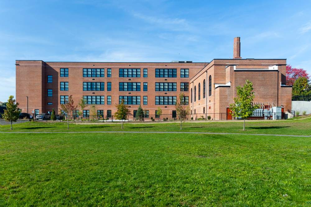 Back of building with a lot of windows overlooking a large green grassy area at Elias Brookings Apartments in Springfield, Massachusetts