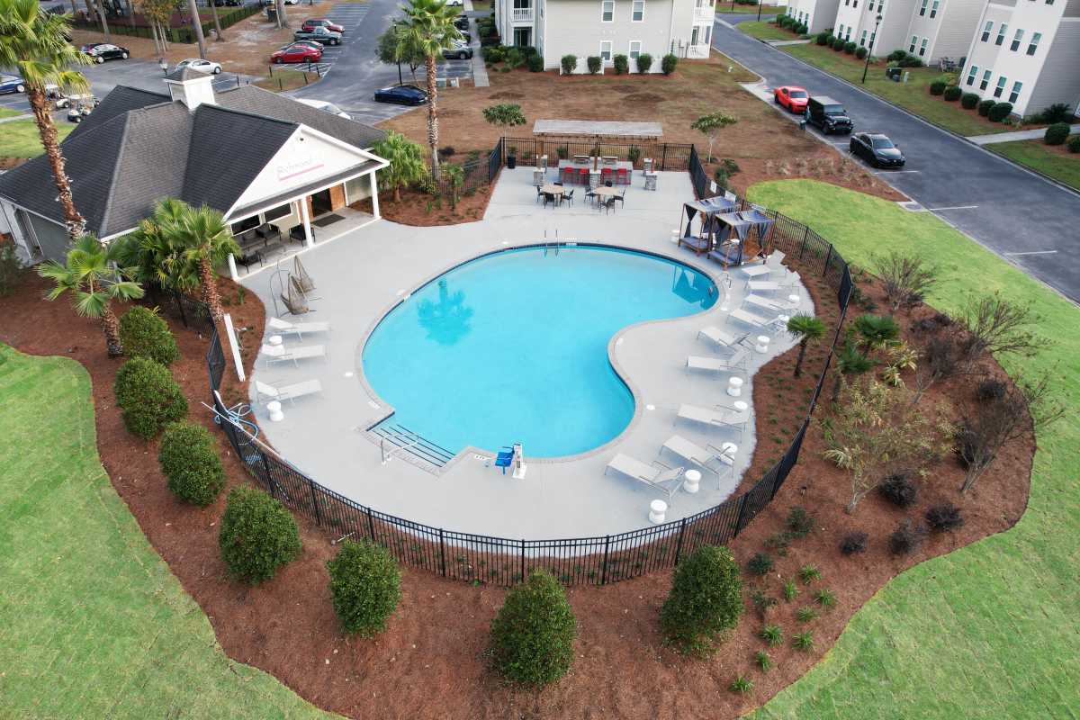 Aerial shot of pool area at Latitude at Richmond Hill in Richmond Hill, Georgia