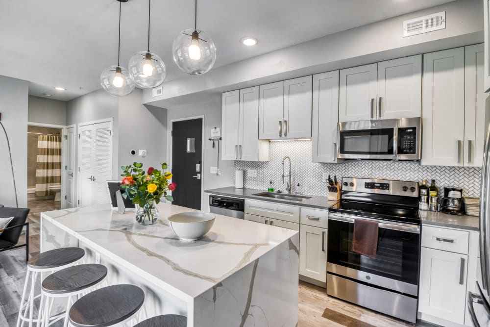 Rendering of a modern kitchen at Tribeca STL in St. Louis, Missouri