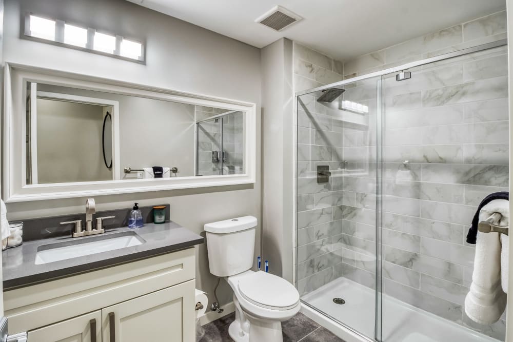 Beautiful bright bathroom at Tribeca STL in St. Louis, Missouri