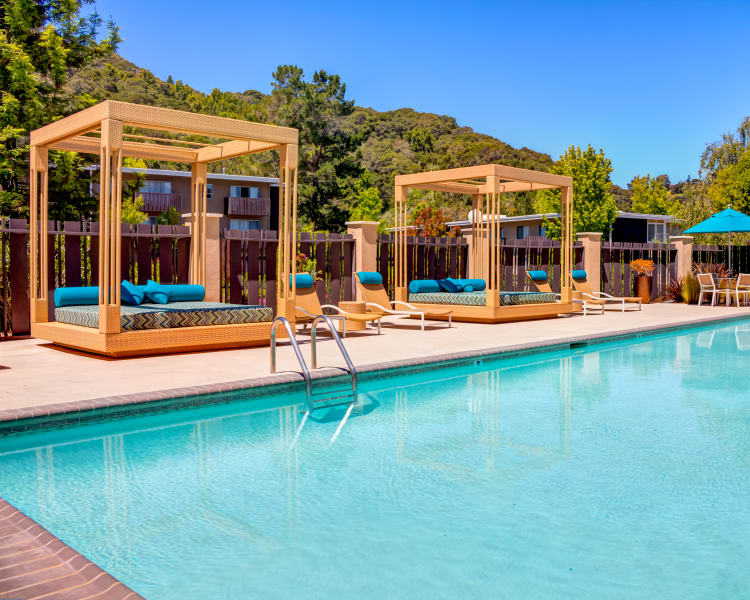 Cabanas by the pool at Sofi Belmont Hills in Belmont, California