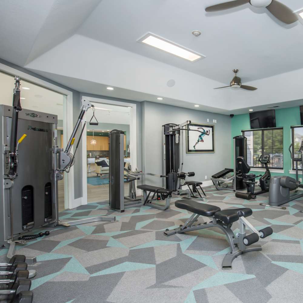 Fully equiped gym at One Belmar Place in Lakewood, Colorado