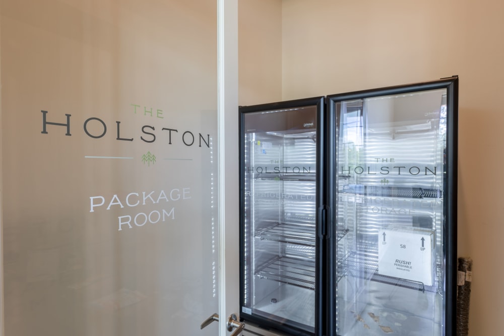 Package storage room and refrigerator storage at The Holston | Apartments in Weaverville, North Carolina