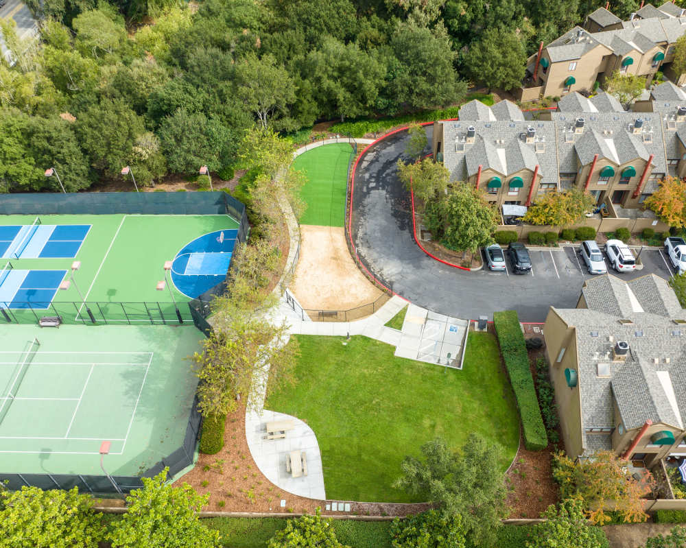 Sport courts and the community from above at Towpath Village in Napa, California