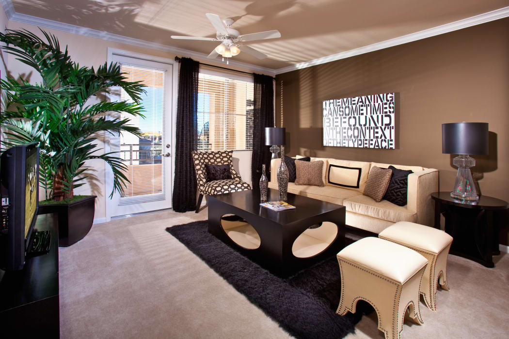Well-designed model living room at our Mountain Gate community at Mountain Trails & Mountain Gate