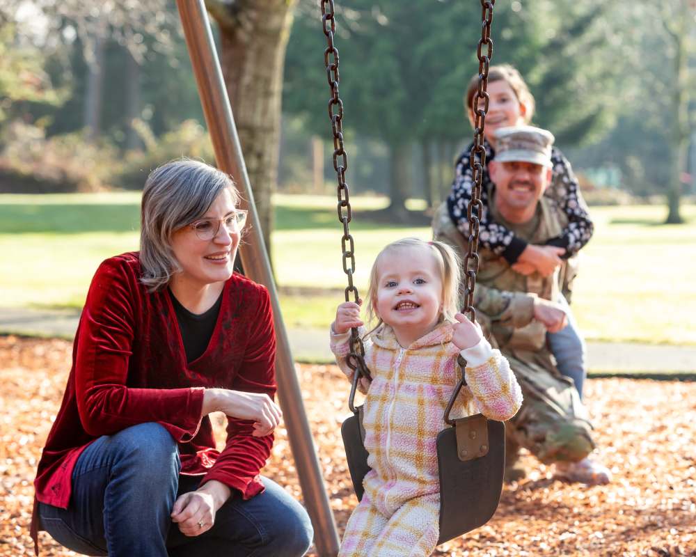 Resident family in a park at Parkway in Joint Base Lewis McChord, Washington