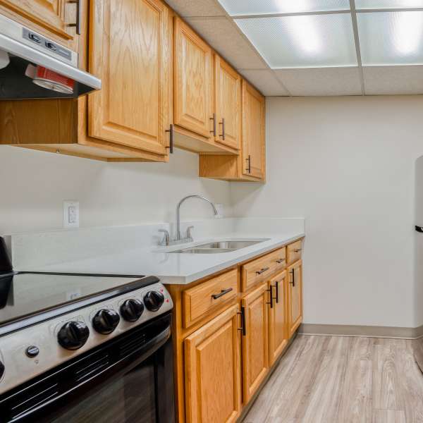 Kitchen of a model apartment at Mable H Kehres Apartments in Monroe, Michigan