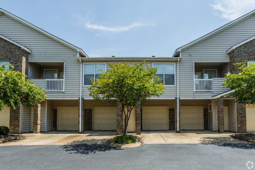 Building exterior with private attached garages