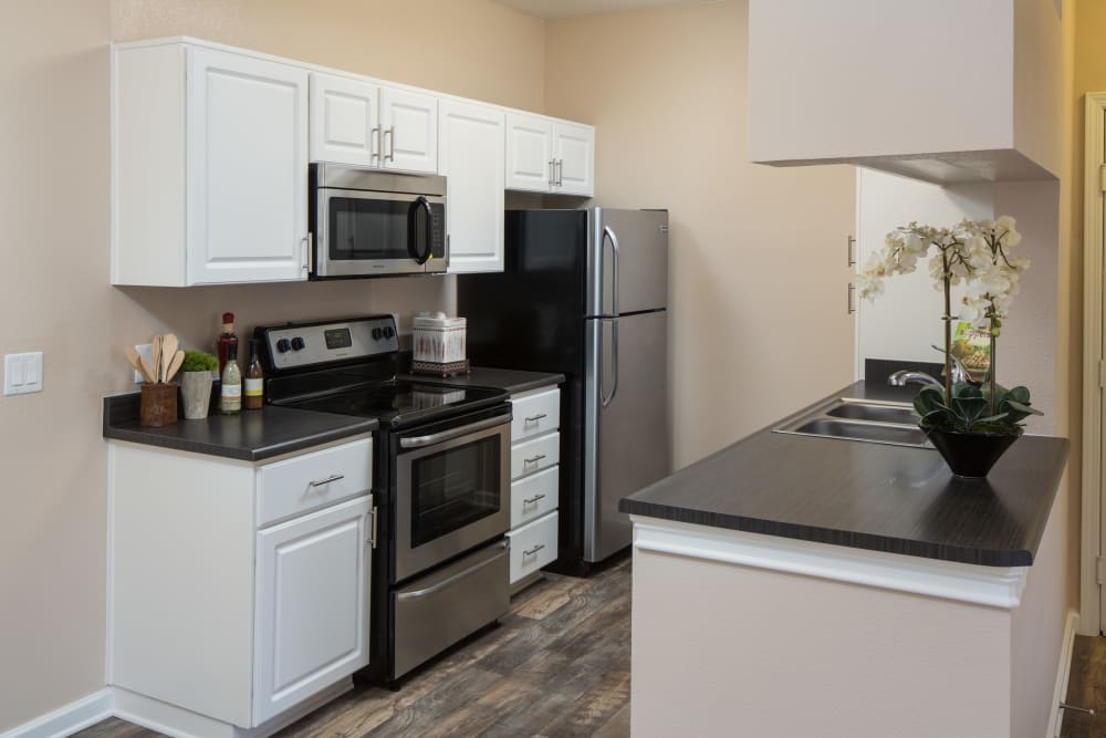 Beautiful, gourmet kitchen in a model home at Alicante Apartment Homes in Aliso Viejo, California