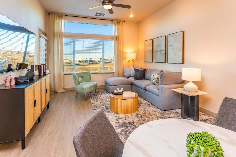 Vibrant living room with tv, coffee table  and large windows at Zeta Luxury Apartments in Sacramento, California