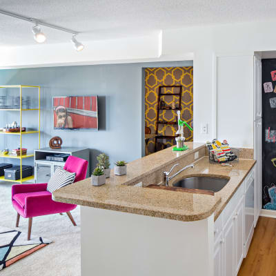 Modern kitchen with granite countertops and hardwood flooring in a model home at Sofi at 50 Forest in Stamford, Connecticut