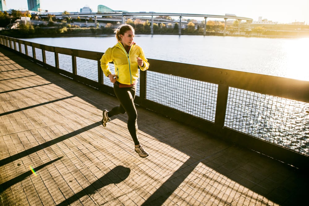 Resident running on a bridge near Marquam Heights in Portland, Oregon